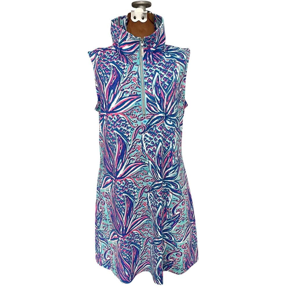 Lulu B Sz L 1/4 Zip Print Dress Blue Stretch Tennis Golf Pickleball Resort SPF